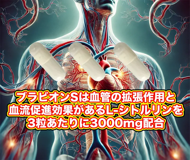 ブラビオンSは血管の拡張作用と血流促進効果があるL-シトルリンを3粒あたりに3000mg配合